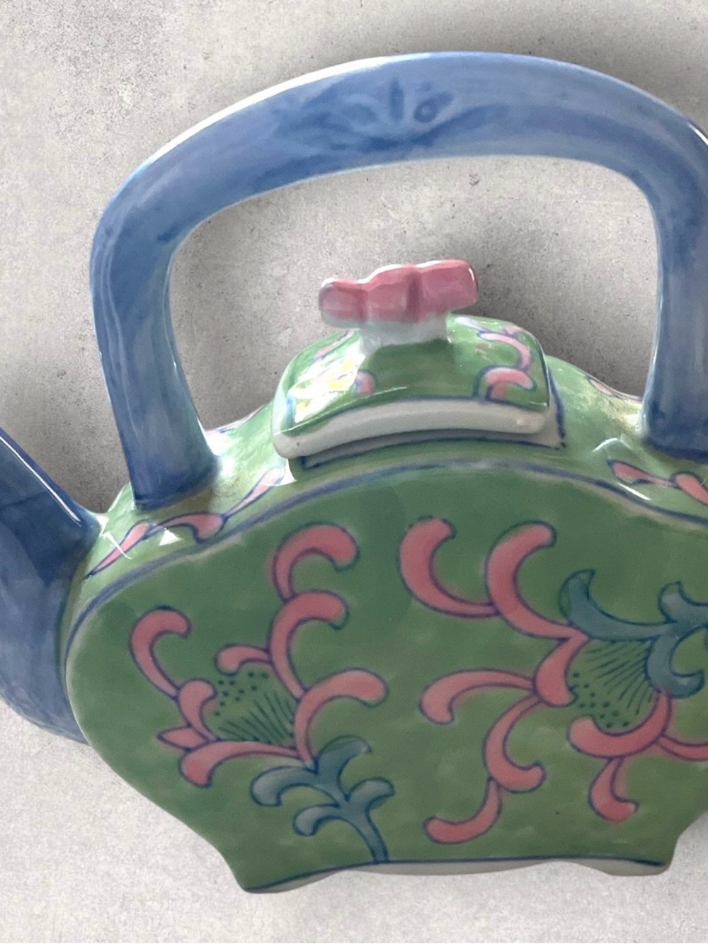 Vintage Green and Pink Floral Ceramic Teapot Accent - Decorative Home Display